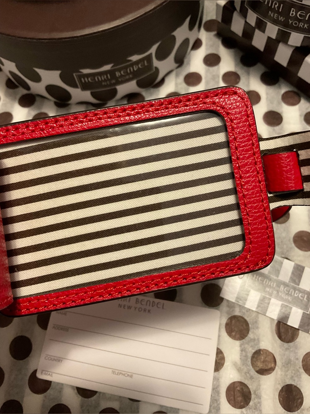 Henri Bendel West 57th Blocked Pattern Bag/Luggage Tag Red w Centennial Stripes - Picture 9 of 12